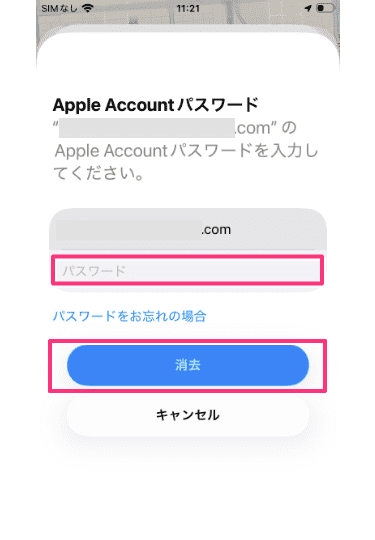 パスワードを入力して消去をタップ